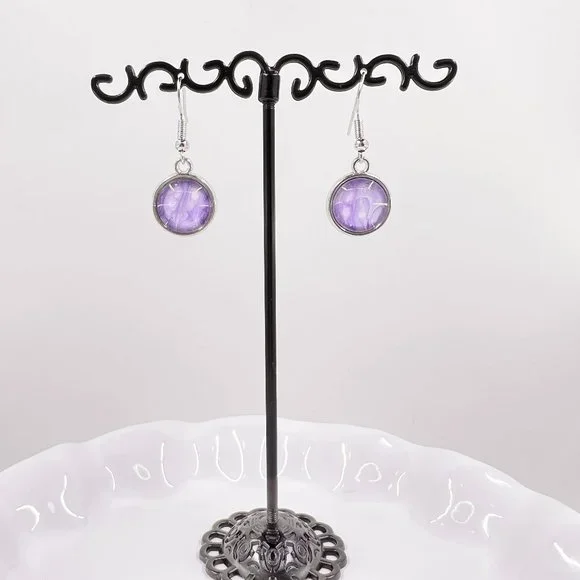 New / Handcrafted - Round Purple Paint Skin Silver Tone Fishhook Earrings - Picture 2 of 5